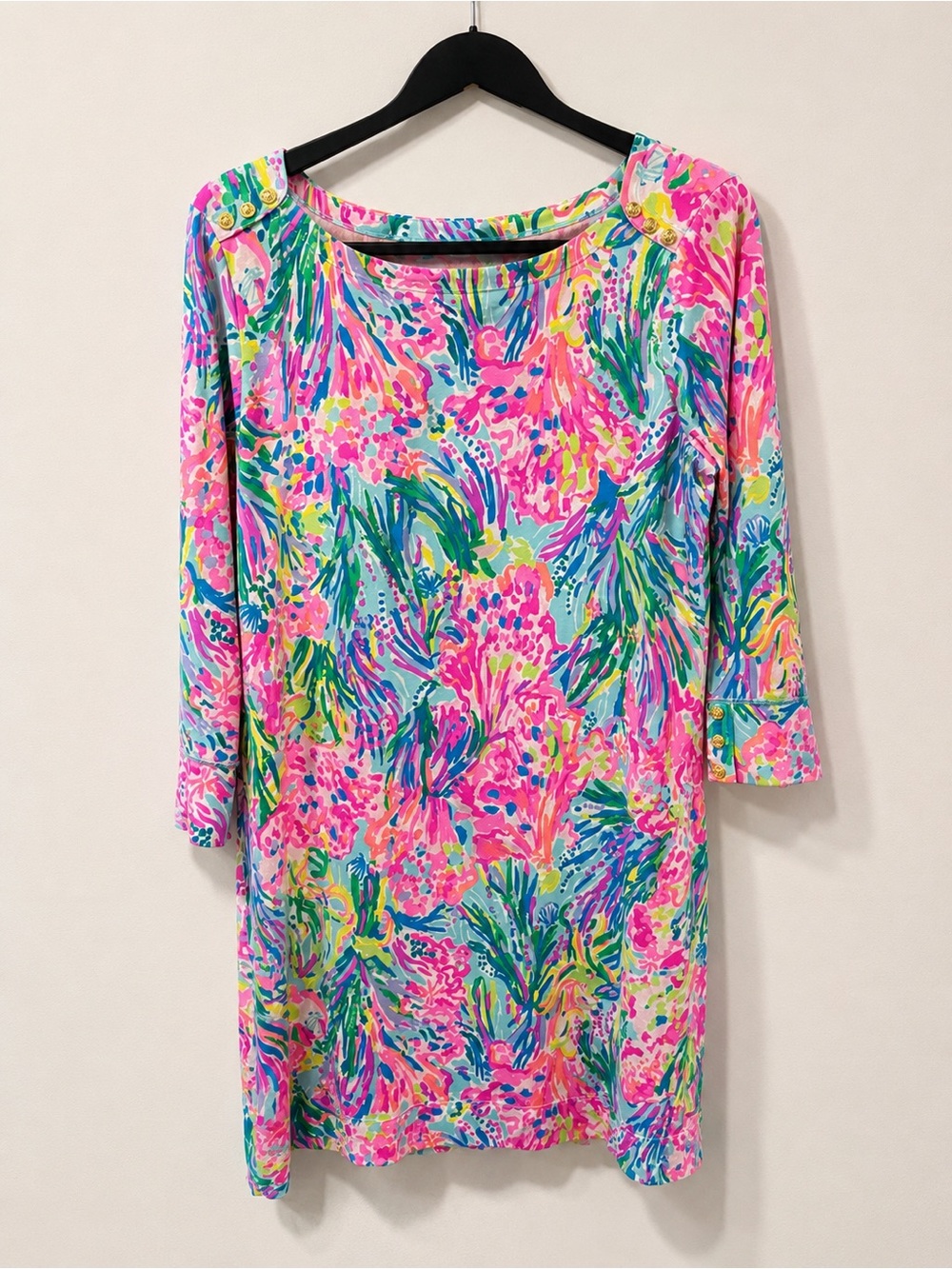 Lilly Pulitzer XL Bright Tropical Print Shift Dress | 3/4 Sleeve Resort Style - Picture 2 of 8